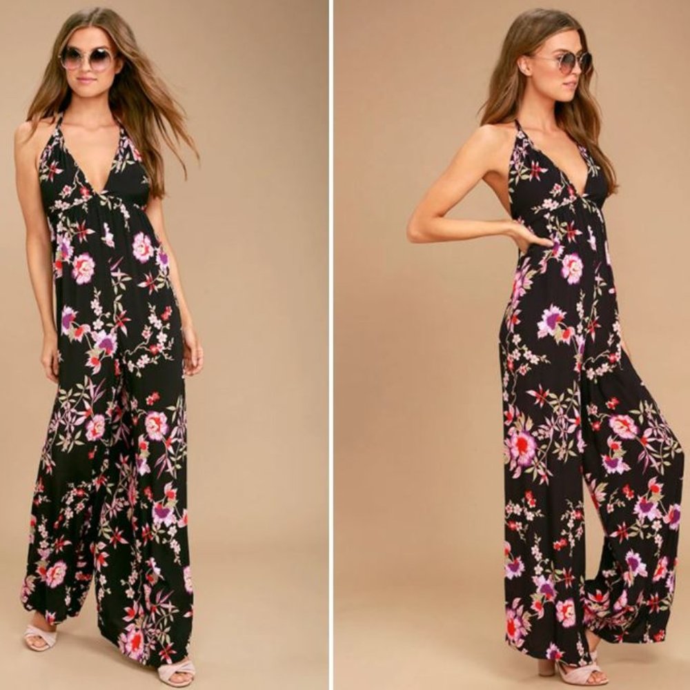 Lulus Purple Floral Print Halter Jumpsuit, Size Large